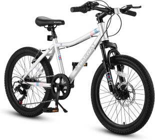 S20101 20 Inch Kids' Bike, Boys Girls Mountain Bike Ages 6-12, 7 Speed Teenager Children Kids' Bicycles, Front Suspension Disc Brake Rear V-Brake (Option: White)